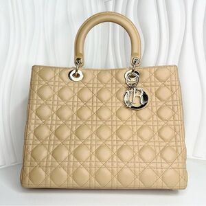 CHRISTIAN DIOR Lady Cannage 2Way Shoulder Hand Tote Bag Leather Beige